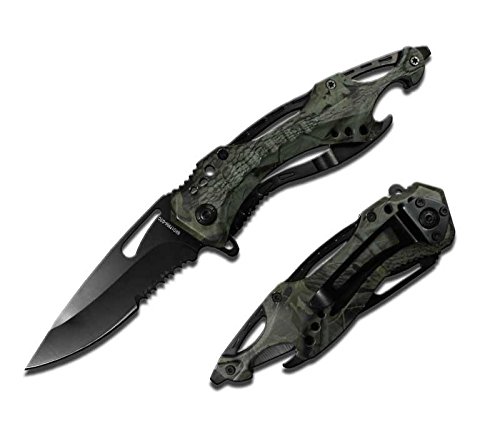 Rogue River Tactical Military Green Camo Police Style Rescue Folding Pocket Knife Spring Assisted Opening Glass Breaker Bottle Opener Belt Clip