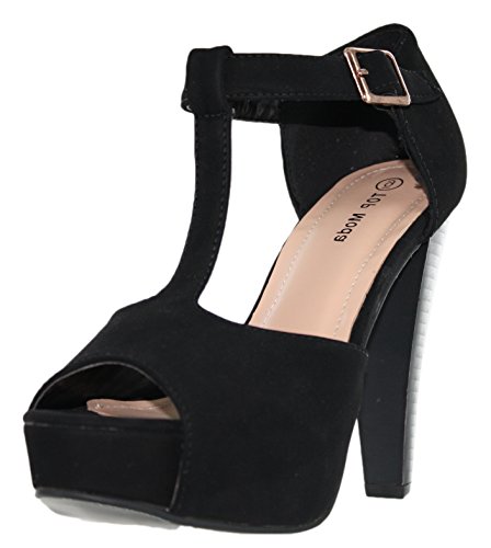 Top Moda Table-1 Women's peep toe platform chunky heel closed back buckle T-strap nubuck pumps Black 10