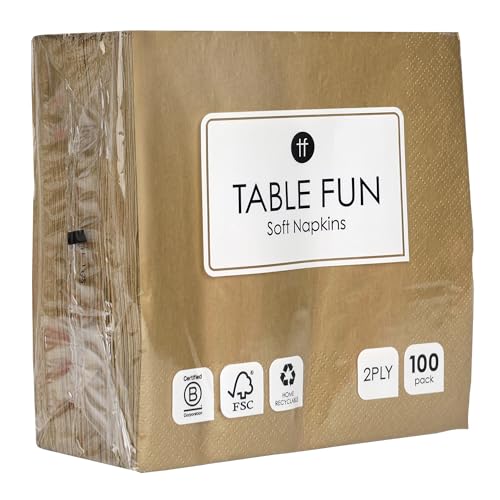 Table Fun 100 x Soft Gold Paper Napkins, | 2ply 33cm| Disposable Gold Napkins Party Serviettes for Birthdays, Weddings, Christmas, New Years Eve, Anniversary, Catering, Recyclable Made in EU