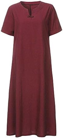 Women Plus Size Bohemia Casual Solid v-Neck Short Sleeve Cotton Linen Dress Loose Pure Fashion Ladies Autumn Winter New Clothes Summer Vintage Kaftan Boho Long Maxi Dresses，S-5XL(Wine Red,5XL)