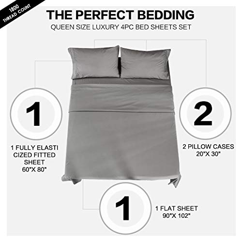 Abakan Queen Bed Sheets Set 4 Piece Microfiber 1800 Series Hotel Luxury Bedding Sheet Breathable, Wrinkle Fade Resistant Soft Sateen Weave Deep Pockets Bedding Set (Queen, Grey) - Thumbnail 6