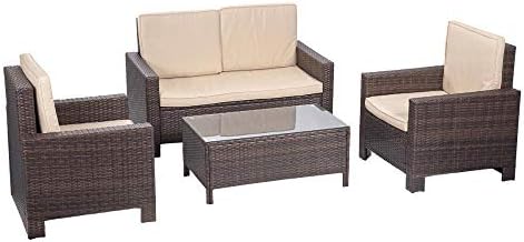 Amazon Com Miami Beach Collection 4 Pc Outdoor Rattan Wicker Sofa Sectional Patio Furniture Set Light Brown Ivory Cushions Garden Outdoor