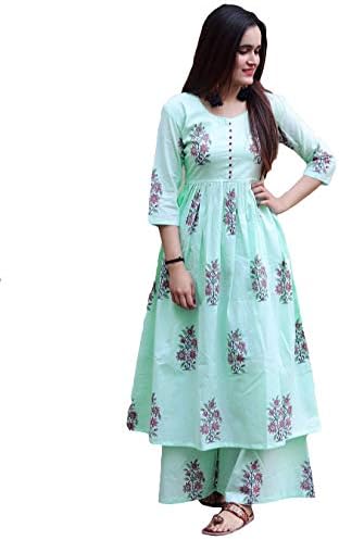 Fabsom Women's Cotton Printed Kurti Palazzo Set, Light Blue