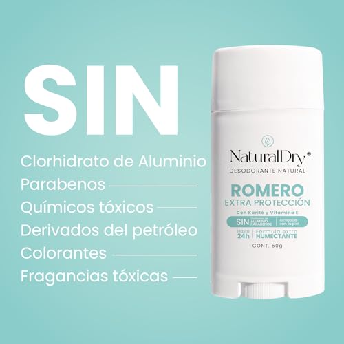 NaturalDry Desodorante Natural EXTRA PROTECCION | Delicioso aroma Romero | Sin Clorhidrato de Aluminio | Con Piedra de alumbre en polvo| No macha la ropa | NO ES ANTITRANSPIRANTE | Neutraliza el mal olor hasta 24 Horas | 50 G | (Pack de 2)