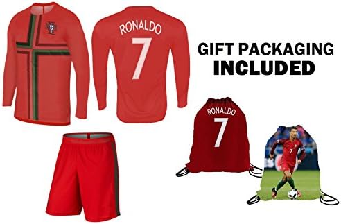 PFC Ronaldo Jersey Portugal Home Long Sleeve Kids Soccer Cristiano Ronaldo Jersey Soccer Gift Set Youth Sizes ✓ Premium Quality ✓ Soccer Backpack Gift Packaging (Youth Medium (8-10 Years Old))
