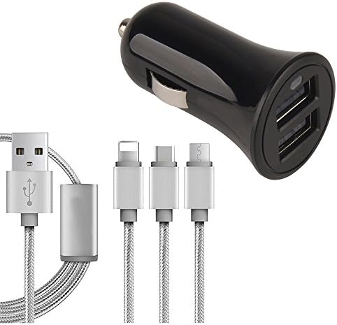 Myhome Dual USB Quick Charge Car Charger,3.1A Quick USB Car Charger Adapter Dual USB Port with 3 in 1 USB Cable Include Type C Micro USB and 8 Pin Port for Iphone Android Phone
