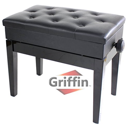 UPC 797734483321, Premium Adjustable Antique Piano Bench By Griffin – Black Solid Wood Frame &amp; Luxurious, Comfortable Leather Padded Seat, Ergonomic Keyboard Stool With Hidden Storage Space, Sturdy Vintage Design