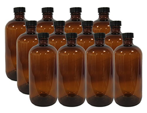 12 Pack 16 Ounce Boston Round Glass Bottles with cap (Amber)