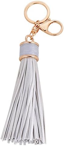 Kiwitwo Women Leather Tassels Keychain Car Circle Key Rings Handbag Wallet Accessories with Drawstring bag (Sliver)