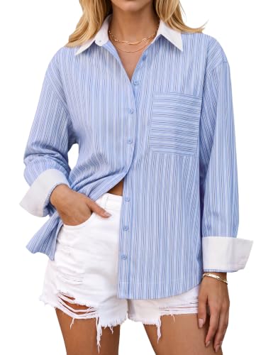 Blooming Jelly Womens Striped Button Down Shirt Long Sleeve Blouse Blue XL at Amazon