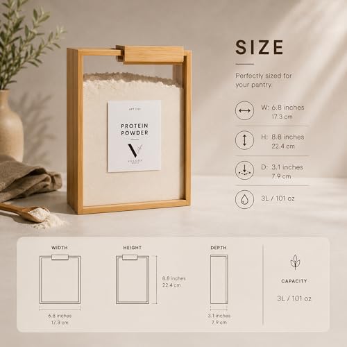 Velora World Bamboo 3L Food Dispenser for Kitchen – Airtight Food Storage Container with Writable Labels, Clear Cereal Dispenser for Rice, Flour, Pasta & Snacks, Space Saving Pantry Organizer