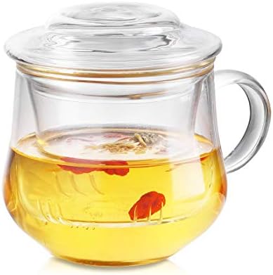 JIAQI Tea Infuser Mug Teacup with Strainer Clear Glass Teapot Mug Loose Tea Passion Fruit Flower or Hibiscus Tea Made of High Borosilicate Glass Handmade Cup for Afternoon Tea, 300ML