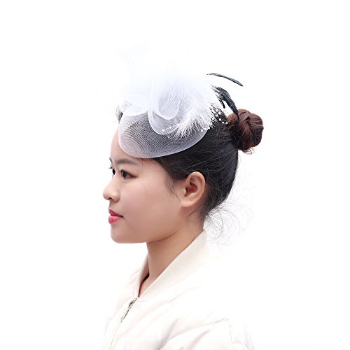 Anleolife White Fashion Feathers Hair Clip Fascinator Cocktail Kentucky Derby Hat With Mesh Loops, Beaded For Women - Thumbnail 4