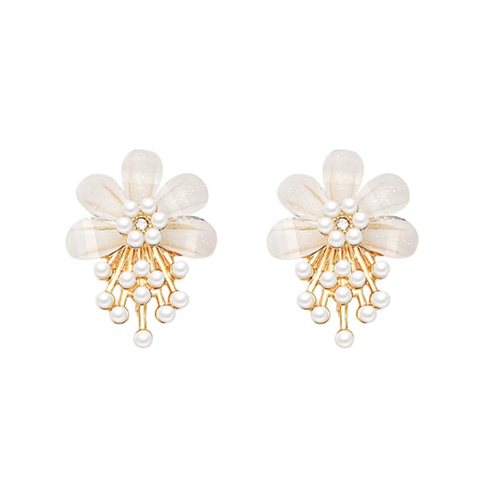 Photo 1 of Shell Pearl Flower S925 Post Pin Stud Earrings for Women Gold-Toned White Flowers Tassel Pearls Dangle Earring Elegant Wedding Birthday Party Christmas Dainty Cute Jewelry