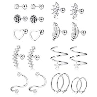 YADOCA 10 Pairs 16G Stainless Steel Ear Cartilage Earrings Tragus Helix Barbell Heart Flower Feather Hoop Earrings Cubic Zirconia Inlaid Cartilage Stud for Men Women