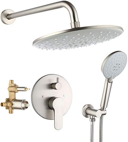 DoBrass Shower Head with Handheld, Shower System Brushed Nickel with Rough-in Valve, 10-inch Shower Head and 3-Spray HandHeld, Wall Mounted