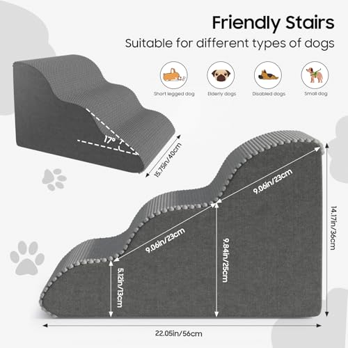 Pet Stairs for Small Dogs and Cats, Comfortable Curved Design with Waterproof Cover, High Density Foam Steps for Beds or Sofas, Durable and Lightweight, 3-Layer, 55 x 30 x