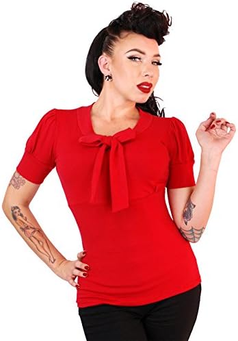 Pinky Pinups Women's Puff Sleeve Bow Top Red L
