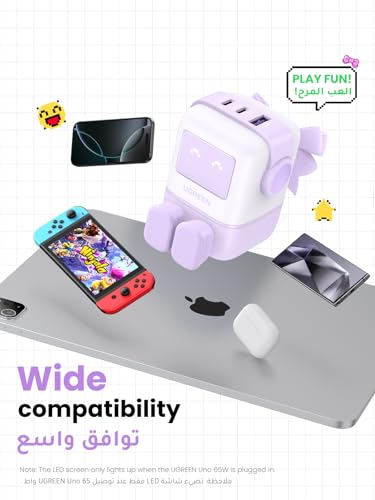 UGREEN UNO 65W USB C Charger 3-Port Nexode GaN Fast Charge Wall Plug Funny LED Display Compact Type-C Power Adapter Compatible for MacBook/HP/Dell/Lenovo, iPhone 17 Pro Max, Galaxy S25 Ultra- Purple