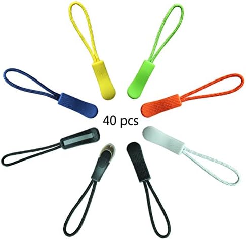 8 Styles 40 Pcs Nylon Zipper Pull Zip Tags Replacement Cord Pulls Zipper Extension Zipper Fixer, 6 colors, 30 Pcs colorful Style & 5 Pcs Black Reflective & 5 Pcs Black with Silver Plated (1)