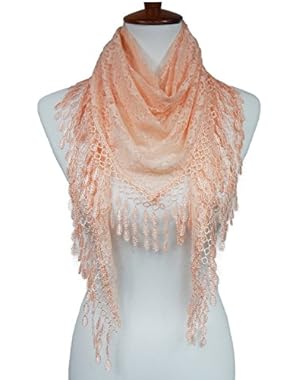 Cindy & Wendy Lightweight Triangle Floral Fashion Lace Fringe Scarf Wrap for Women