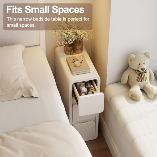 AQIMUELE Narrow Bedside Table with 3 Drawers, No Installation, Leather Surface, Bedside Table for Bedroom Living Room, Width 20cm (White)