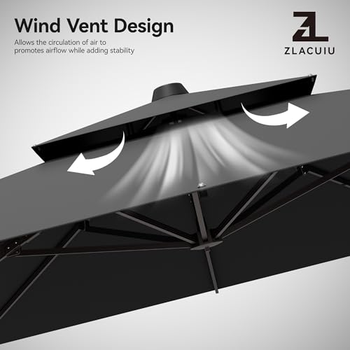 ZLACUIU 9x12FT Grey Cantilever Outdoor Patio Umbrella with Base, Large Rectangular Offset Design, Double Top Heavy Duty Aluminum Frame & 360° Rotation for Pool Garden Deck Backyard