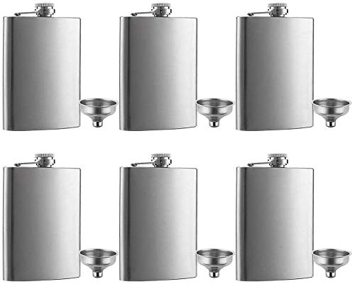 6 Pcs 8 oz Hip Stainless Steel Flask & Funnel Set by QLL, Easy Pour Funnel is Included, Great Gift (6 PCS, 8 OZ)