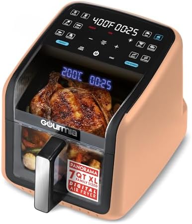 Gourmia Air Fryer - 7 Qt Basket Capacity with Panorama Window, Peach | 3D Holographic Display, 12 Cooking Presets, 90–400°F Adjustable Temperature, Interior Light, Dishwasher-Safe Basket