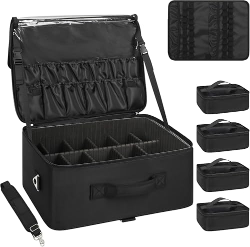 Relavel XXL Professional Makeup Case with Brush Holder, 4 Clear Pockets, Lipstick Tray, Shoulder Strap and Adjustable Compartments for Makeup Artists