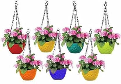 Maanit Diamond Hanging Flower Pot with Hanging Chain Pack of 7 Plant Container Set (Pack of 7, Plastic)