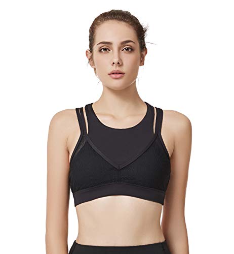 Yvette Sports Bras Mesh Covered High Impact Removable Pads Double Layer Multiple Straps Workout Bra Body Measuring Tape, Black, L(DF)