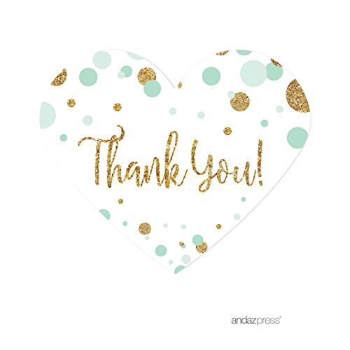 Andaz Press Mint Green Gold Glitter Boy Baby Shower Party Collection, Mini Heart Label Stickers, Thank You, 75-Pack