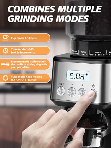 Homtone Electric Coffee Grinder, 51 Adjustable Grinding Levels, Stainless Steel Conical Grinder, Anti-Static Technology, for Espresso, Filter Coffee and French Press, 160W (Silver)