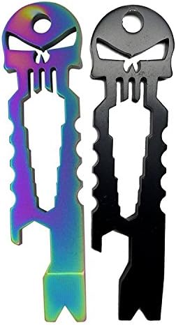 EDC Multitool Keychain Knife Kit Skull Keychain Beer Opener Pocket Survival Tool,Black+Rainbow