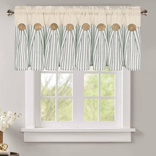 Photo 1 of Cotton Linen Farmhouse Kitchen Valance Curtains Boho Rustic Button Valances Natural/Sage Green Stripe Color Block Window Valances Rod Pocket Small Window Curtain for Cafe Bathroom Bedroom Drapes