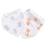 Aden by Aden + Anais Bandana Bib, 100% Cotton Muslin, Soft Absorbent 3 Layers, Adjustable, 8.5” X 16”, 2 Pack, Safari Babes - Elephant/Tiger