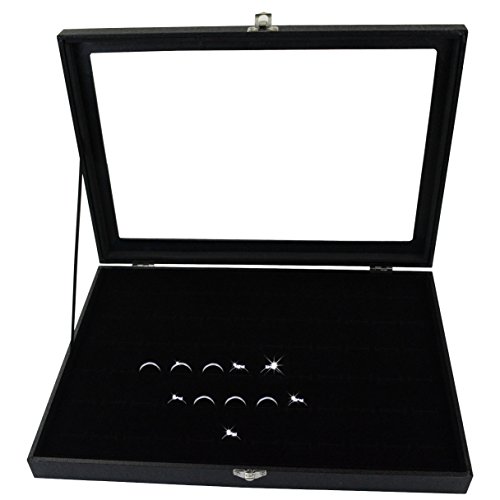 72 Slot Jewelry Ring Box Case Storage Tray Organizer for Jewelry Rings Earrings, Velvet Jewelry Display Storage Holder Tray Case Top Rings glass Display Showcase by cnomg Black