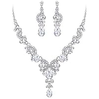 EVER FAITH Austrian Crystal Bridal Floral Wave Teardrop Necklace Earrings Set Clear Silver-Tone