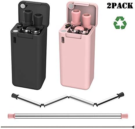 elechok TROPRO Reusable Collapsible Straw, Food-Grade Stainless steels Folding Drinking Straws, Portable Set Case with Keychain Hole and Cleaning Brush (Black+Pink)