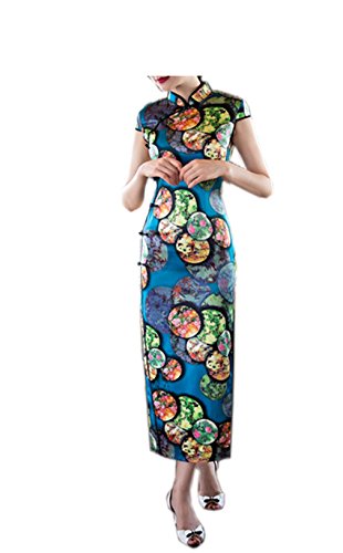 XueXian(TM) Women's Summer Floral Chinese Traditional Maxi Dress Long Qipao Blue