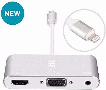 ZAOS Lightning Adapter Lightning 8 Pin Male to HDMI Female VGA 3.5mm Audio Converter with Micro USB Charging Port And Charger Cable for Desktop PC/Laptop/Ultrabook [Plug &amp; Play] (Micro USB input)