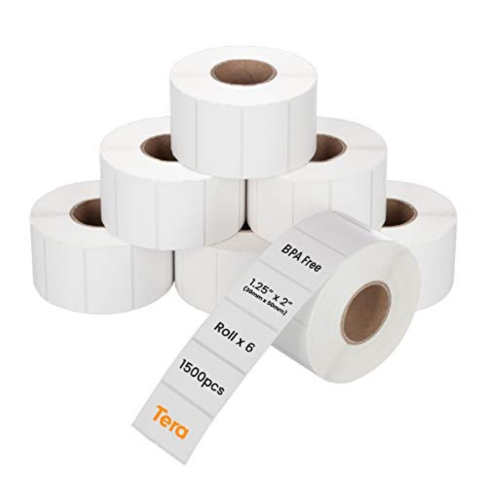 Tera 1.25"x2" (1500 Labels/Roll, 6Rolls) Thermal Shipping Labels BPA Free Smudge Free Clear Printing Labels for Various Printers Permanent Adhesive Address Labels with Free Fragile Sign Stickers