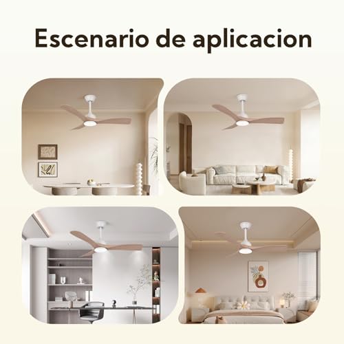 Ceiling Fan with Light and Remote Control 106 cm, Silent DC Motor, 3 Blades Plastic Light Wood Effect, Dimmable LED Ceiling Light, 3 Tones, Modern Low Consumption Fan (Light Wood)
