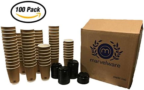 (100 COUNT) 16 oz Durable Insulated Hot/Cold Disposable Cups with Cappuccino Lids. Great for Coffee/Tea! Made With Double Walled Craft Brown Recyclable Paper - No Sleeves Req'd! Writable surface!