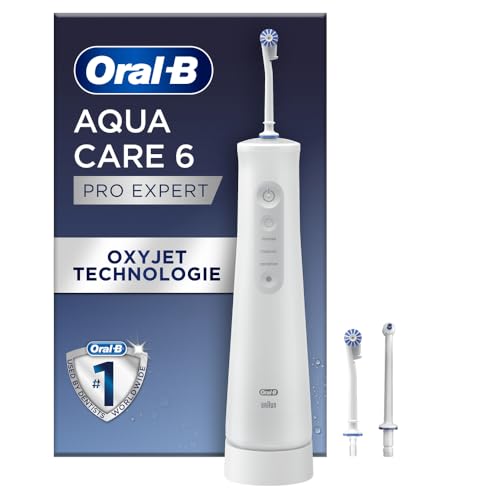 Oral-B AquaCare 6 Kabellose Munddusche — 3 Ersatzdüsen, Zahnzwischenraumreiniger, Sanfte Zahnreinigung & Gesünderes Zahnfleisch, Oxyjet-Technologie, 3 Modi für Zahnpflege — Weiß/Grau