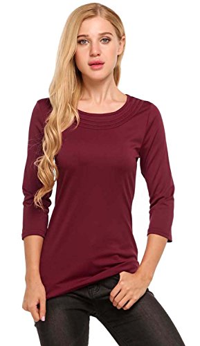 POGTMM Women Casual O Neck 3/4 Sleeve Patchwork Solid Loose Basic tee Blouse(XL, Wine Red)