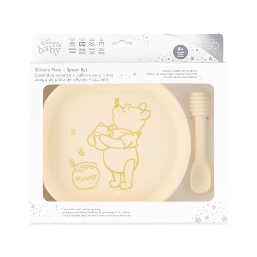 Bumkins Disney Baby and Toddler Plate and Spoon Set, Silicone Dish for