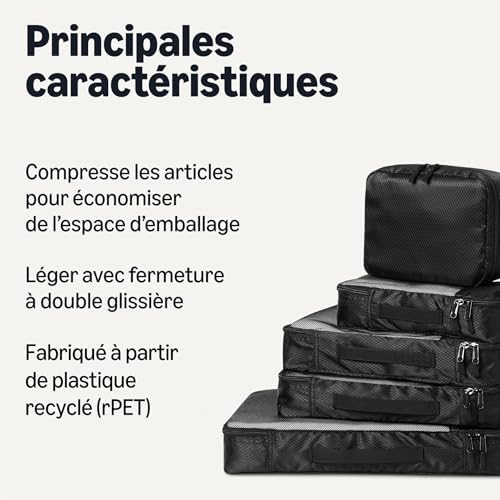 Lot d’Accessoires de Voyage, 8 Housses de Rangement, Organisateur de Bagages avec Double Fermeture à Glissière, 100% Polyester, Plusieurs Dimensions, Noir