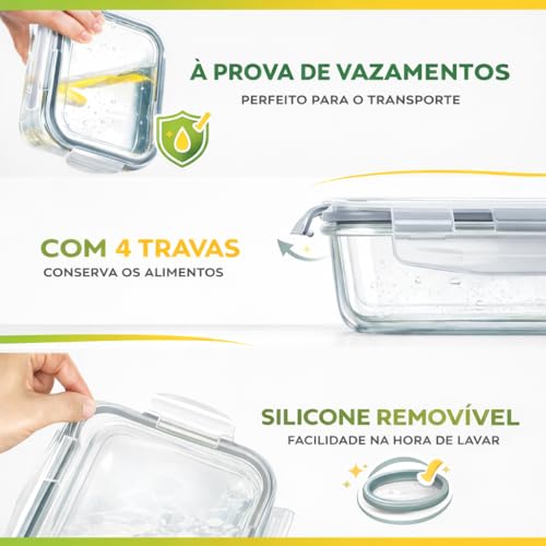 Kit 10 Potes de Vidro Hermético 640ml com Travas – Borossilicato Resistente, Tampa com Vedação em Silicone, BPA Free, Vai ao Microondas, Forno, Freezer e Lava-louças – Marmitas Saudáveis